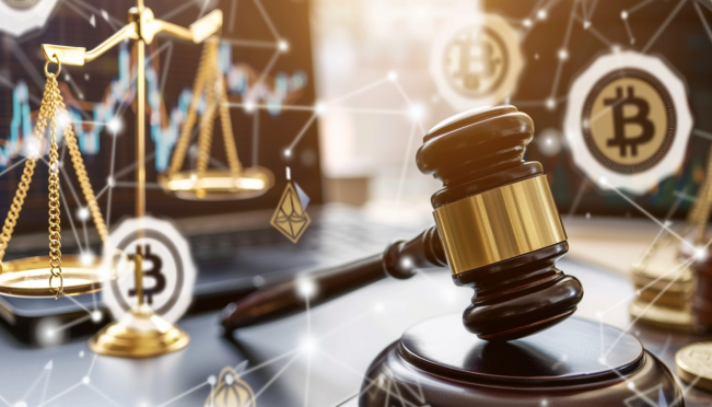 A courtroom scene with a gavel and scales of justice, a background featuring cryptocurrency symbols, and a map of British Columbia. The focus is on the legal battle involving a crypto exchange.