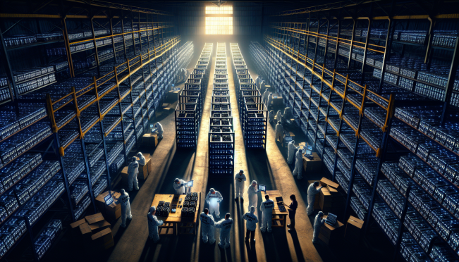 A warehouse with rows of Bitcoin mining machines being seized by Paraguayan authorities, with dramatic lighting highlighting the tension of the scene.