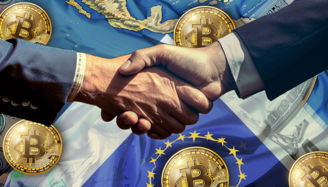 A handshake between financial regulators from Argentina and El Salvador, surrounded by Bitcoin symbols and a backdrop of both countries' flags. The atmosphere should be cautious yet hopeful, reflecting the complex dance of crypto adoption.