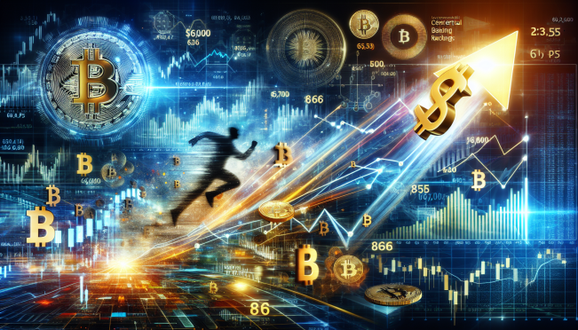 A dynamic and visually striking image of Bitcoin surging past the $66,000 mark with elements representing inflation data and Federal Reserve interest rates. Include graphical representations of market trends and trading volumes.