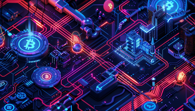 A detailed illustration featuring elements of a blockchain network, the Bitcoin Lightning Network, and privacy coins like Monero and Zcash, highlighting the challenges of encryption for law enforcement.