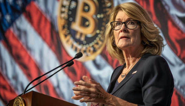 A dynamic scene featuring Cynthia Lummis speaking at a conference podium, with the US flag and Bitcoin symbols in the background, highlighting the concept of a strategic Bitcoin reserve for the US.