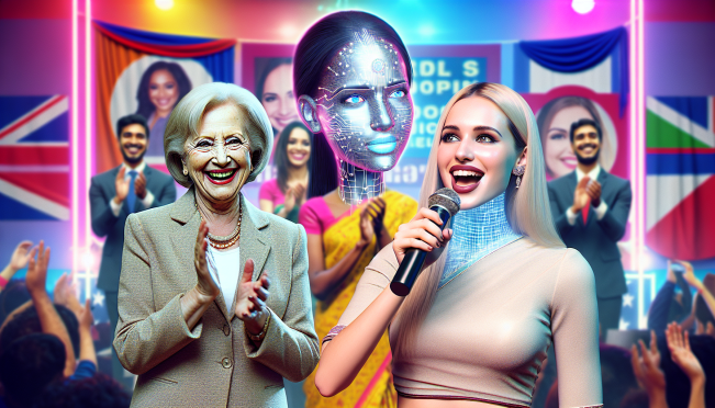 Taylor Swift passionately endorsing Kamala Harris in a vibrant political rally setting, with contrasting imagery of AI-generated deepfakes being exposed in the background.