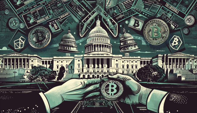 A visually captivating scene depicting the convergence of US politics and the cryptocurrency industry. Include elements such as the US Capitol building, political figures shaking hands, and symbols of major cryptocurrencies like Bitcoin and Ethereum.