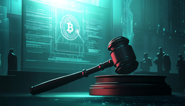 A dramatic courtroom scene with a gavel and digital cryptocurrency symbols, illustrating the legal proceedings and financial implications of FTX's bankruptcy case.