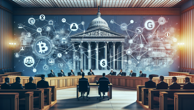 A dynamic courtroom scene with Ripple Labs and SEC representatives in discussion, set against a backdrop of political symbols like the White House and campaign posters for Biden and Trump, highlighting the tension and anticipation of future changes.