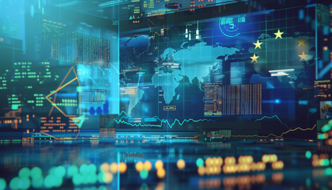 A visual representation of Tether (USDT) being delisted from a cryptocurrency exchange, with a background featuring European Union symbols and regulatory documents. Include elements that represent market disruption and the dominance of US dollar-backed stablecoins.