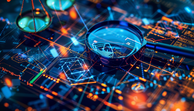 A dynamic image showing South Korean financial regulators examining virtual currencies with magnifying glasses, with a backdrop of digital codes and blockchain symbols. The scene should include elements of law enforcement, such as scales of justice and cyber forensic tools.