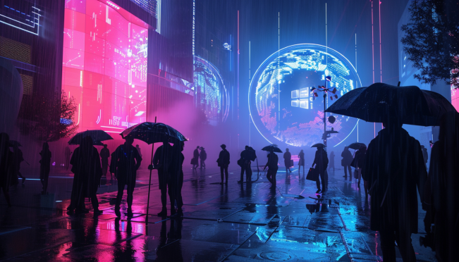 A futuristic conference in a desert city transformed by unexpected heavy rainfall, with attendees navigating flooded streets to reach a venue illuminated by digital and crypto-themed displays.