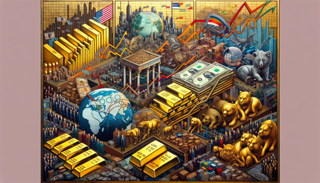 An image depicting a dramatic financial landscape, with symbolic representations of the US dollar and US treasuries being sold off, contrasted with gold bars being accumulated by China and other BRICS nations. The backdrop should illustrate a global economic shift, highlighting the tension between the US and BRICS.