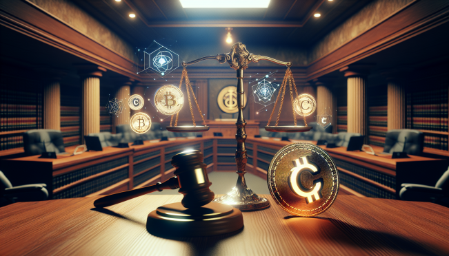 A courtroom scene with a gavel and scales of justice, featuring digital elements like a Dogecoin symbol and Coinbase logo, illustrating the intersection of law and cryptocurrency.