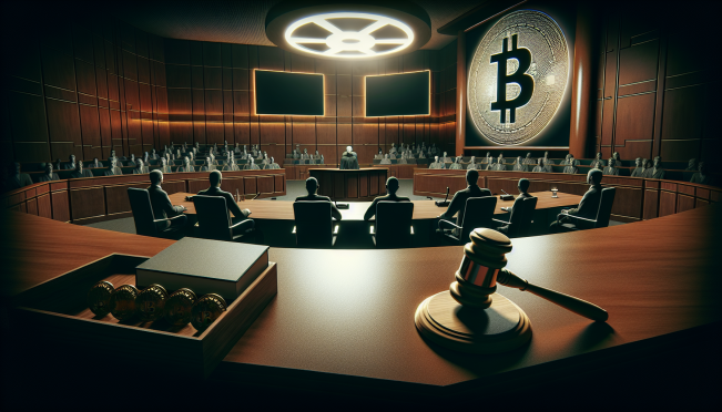 A courtroom with a gavel and Bitcoin symbol in the background, symbolizing a legal battle involving cryptocurrency and the identity of Satoshi Nakamoto