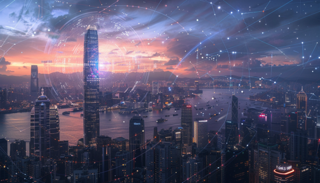 A futuristic representation of Galaxy Girl Interactive logo, symbolizing the bridge between Web2 and Web3, with digital and physical world elements merging in the backdrop of an Asian skyline.