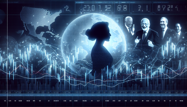 A digital illustration of a futuristic prediction market screen showing fluctuating numbers, with silhouettes of Donald Trump and Kamala Harris in the background, and subtle hints of a mysterious figure resembling Elon Musk observing.