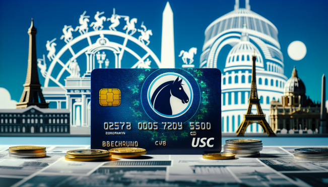 A digital payment card with the Stables logo, usable in Europe, featuring Mastercard and USDC logos, with a backdrop of various European landmarks like the Eiffel Tower, Big Ben, and the Colosseum.