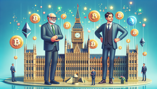 A vibrant European Parliament building with digital currency symbols and key figures like Stefan Berger and Ondrej Kovarik, symbolizing innovation and growth in the crypto sector