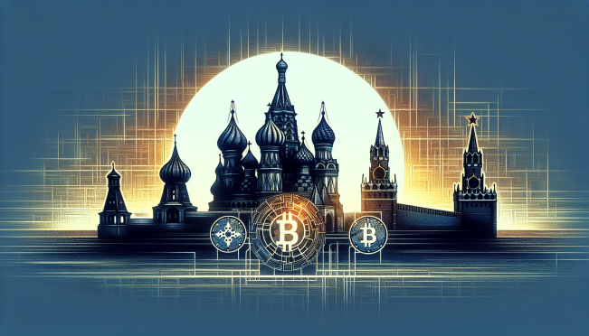 A digital art representation of two large cryptocurrency exchange logos, Binance and CommEX, with a background of Russian landmark silhouettes and cryptographic symbols, highlighting the theme of regulatory challenges and market adaptation.