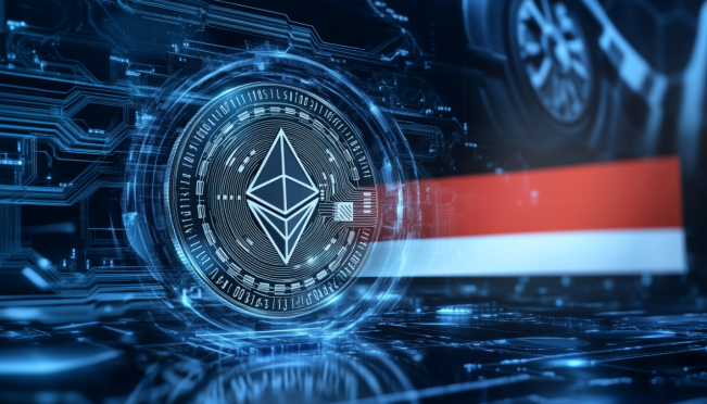 A dynamic scene featuring Ethereum symbols intertwined with insurance symbols, showcasing a digital security shield enveloping Ethereum coins, with a backdrop of the German flag symbolizing regulatory compliance.