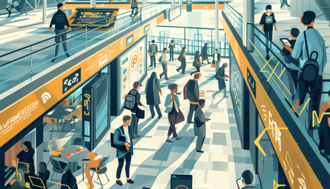 An illustration of Germans using digital devices in modern urban settings, highlighting digital currency concepts and emphasizing privacy and security themes.