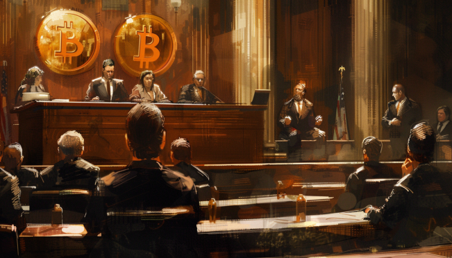 An intense courtroom scene featuring Custodia Bank's legal battle with the Federal Reserve, with digital currency symbols like Bitcoin and Ethereum in the background, and prominent figures like Donald Verrilli and Paul Clement providing their insights.