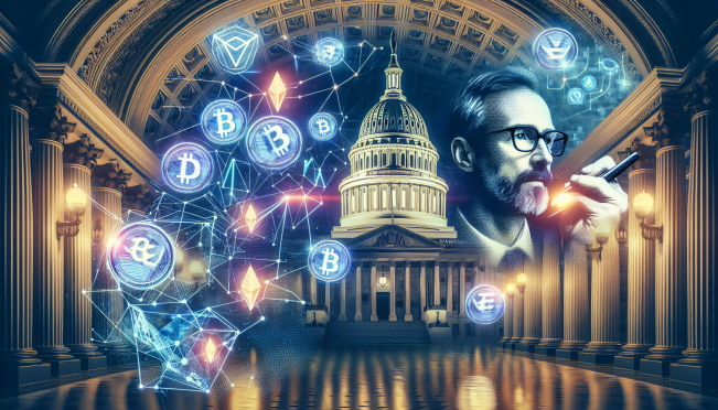 A dynamic scene showing the U.S. Capitol in the background with cryptocurrency symbols and an ETF approval stamp overlay. Include a portrait of Joe Lubin, Ethereum logos, and a subtle nod to political tension.