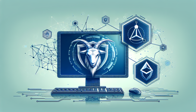 A digital landscape representing trust and security in the blockchain world, with a prominent Goat.Tech logo and abstract representations of Trust Scores and blockchain nodes interconnected.