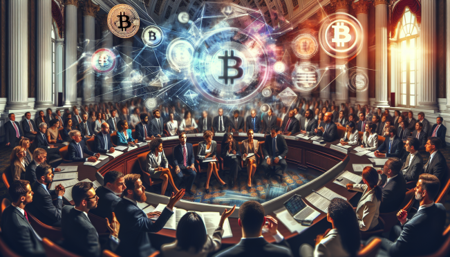 A dynamic image showcasing Russian lawmakers in a parliamentary setting discussing crypto legislation, with visual elements representing cryptocurrency and blockchain technology, capturing the tension and urgency of the discussions.