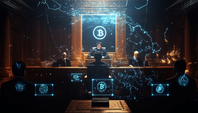 A dramatic courtroom scene with a judge, lawyers, and Do Kwon in the background; digital assets and cryptocurrency symbols shattering in the foreground.