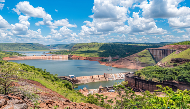 A panoramic view of a large Bitcoin mining farm near a massive hydroelectric plant in Paraguay, with visible tension between technological advancement and the natural environment, reflecting the country's crypto dilemma.