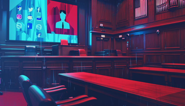 A courtroom scene featuring Andrew Left, a chart with volatile stock movements, social media icons, and prominent company logos like GameStop, American Airlines, Facebook, Tesla, Twitter, and Nvidia.