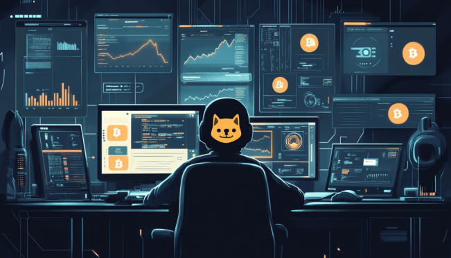 An illustration of a Dogecoin community member identifying a fraudulent social media account, with elements of Dogecoin branding, computer screens, and warning signs.