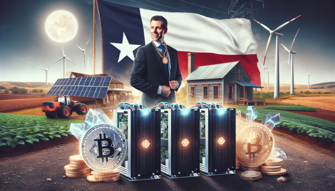 A dynamic scene of Senator Ted Cruz standing beside three Bitcoin ASIC miners in a rural Texas town, with elements showcasing wind, solar, and natural gas energy resources in the background. The image should capture the essence of cryptocurrency mining and Texas's supportive environment for the industry.