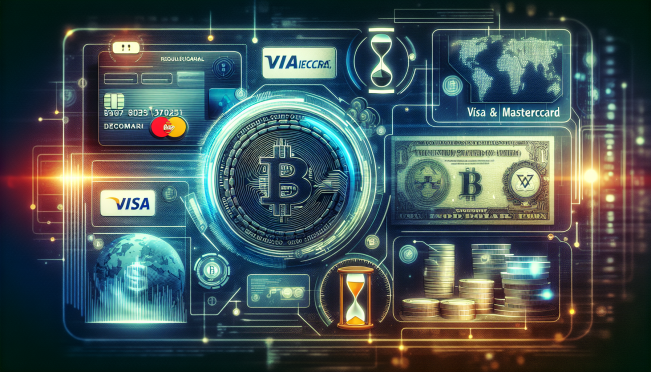 Binance exchange interface showing Visa and Mastercard options for purchasing cryptocurrencies, with a backdrop of regulatory documents and a sense of anticipation and urgency.