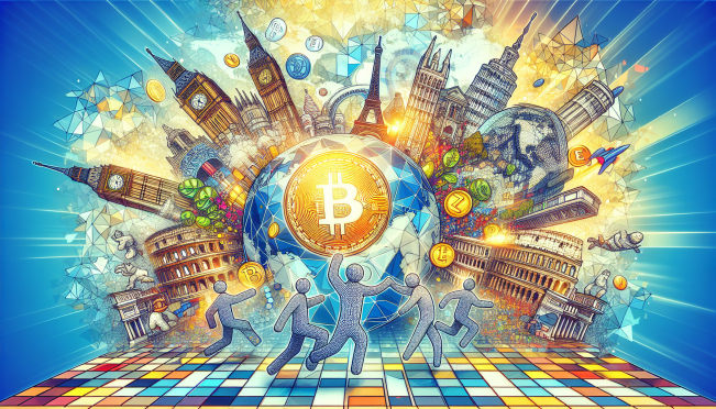 A vibrant and dynamic illustration of Crypto.com joining forces with other major crypto players like Binance and Bitpanda, set against a backdrop of iconic European landmarks, symbolizing innovation and expansion in the crypto industry.