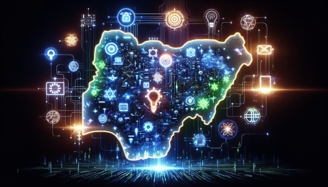 A vibrant and futuristic visualization of Nigeria's leap into AI development, featuring a map of Nigeria interconnected with digital and AI elements, surrounded by logos of global tech giants like Meta, Google, and Microsoft.