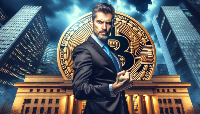 A dynamic image of El Salvador's President Nayib Bukele confidently holding a Bitcoin symbol, set against a backdrop of the IMF building with contrasting expressions of concern and determination.