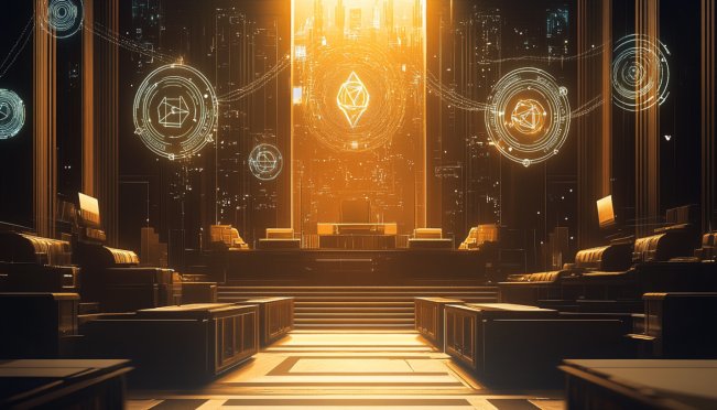 A futuristic courtroom with blockchain and crypto symbols, depicting legal battles and settlements in the decentralized finance world.