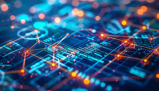 A futuristic illustration showing a digital blockchain network with tokens and financial data graphs, symbolizing the integration of traditional finance and blockchain technology.