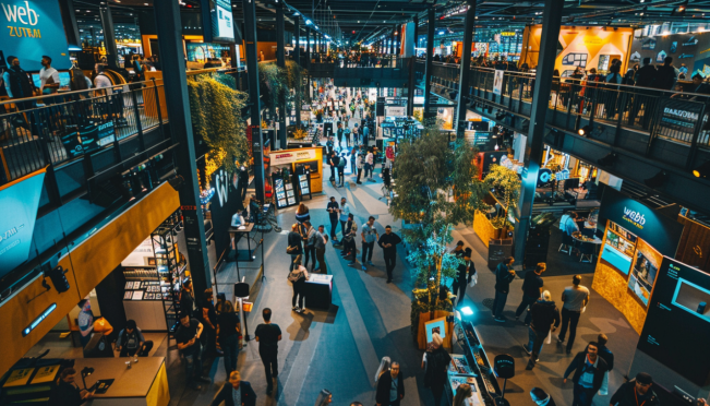 A vibrant and bustling conference scene at the Multikino Zlote Tarasy in Warsaw with key blockchain industry leaders speaking, dynamic networking interactions, and colorful exhibitor booths representing top Web3 brands.