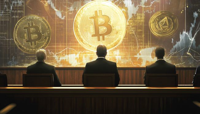 A courtroom scene with four plaintiffs facing US government agencies' representatives, with a backdrop of digital currency symbols and a large $4.3 billion settlement figure.