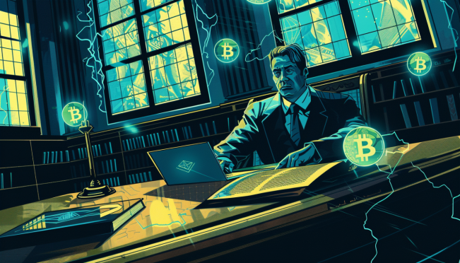 A courtroom scene with a defendant in a suit, surrounded by legal documents and cryptocurrency symbols, reflecting the fraudulent nature of the Forcount Ponzi scheme.