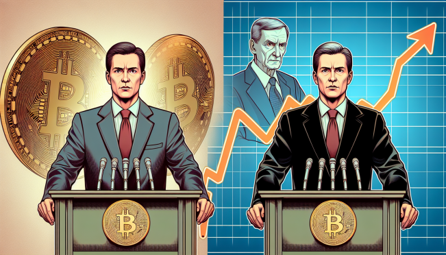 A split image with President Biden on one side announcing his withdrawal, and a fluctuating Bitcoin chart on the other side, with Trump in the background highlighting his pro-crypto stance.