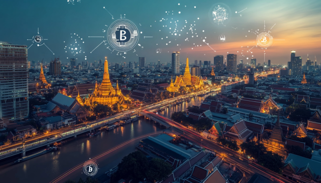 A depiction of Thailand's bustling financial district with digital currency symbols floating around, symbolizing the integration of traditional finance and cryptocurrency, set against the backdrop of Wat Phra Kaew.