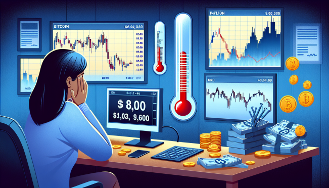 An image of a worried investor looking at declining graphs on a computer screen, with Bitcoin and stock market charts in the background, symbolizing a market correction. Include visual elements that represent inflation, such as a rising thermometer for bond yields.