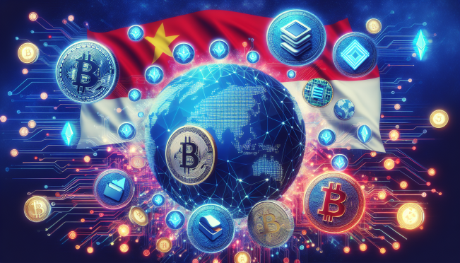 A vibrant and dynamic image showcasing Indonesia's crypto market boom, featuring digital wallets, crypto coins, and the Indonesian flag, symbolizing a harmonious blend of traditional culture and modern technological adoption in the cryptocurrency space.