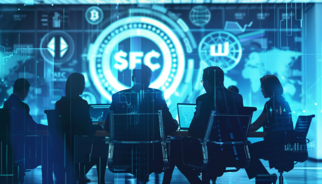 A group of business professionals in a high-stakes meeting, surrounded by digital tokens and cryptocurrency symbols, with a looming SEC emblem in the background, signifying regulatory scrutiny.