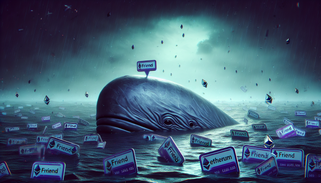 A dramatic scene of a digital whale, symbolizing a large investor, swimming through an ocean of declining crypto tokens, specifically FRIEND tokens, with Ethereum logos subtly in the background. The mood should be somber, reflecting significant financial loss.