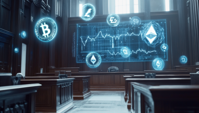 A courtroom scene with digital cryptocurrency symbols like Bitcoin, Ethereum, and others floating above, signifying a legal battle over crypto assets.