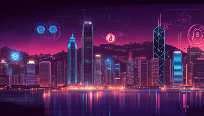 A futuristic depiction of Hong Kong's skyline, incorporating elements of digital finance and cryptocurrency symbols, highlighting the city's ambition to be a leading crypto hub.