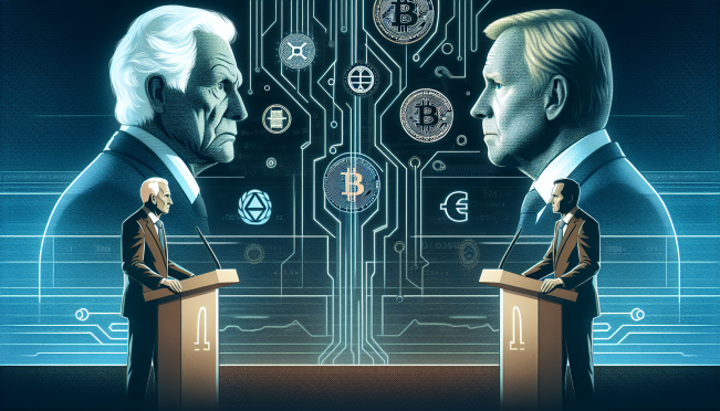 A split-screen image depicting President Joe Biden and Donald Trump debating on stage, with a subtle background of cryptocurrency logos and symbols representing the crypto industry's financial influence.